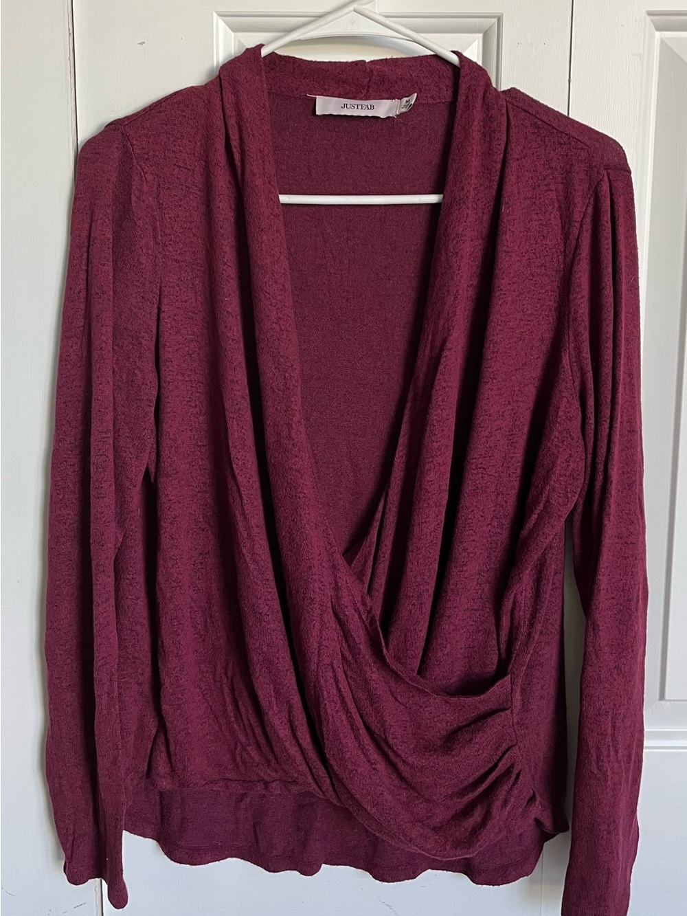 JustFab Burgundy Wrap-Front V-Neck Sweater